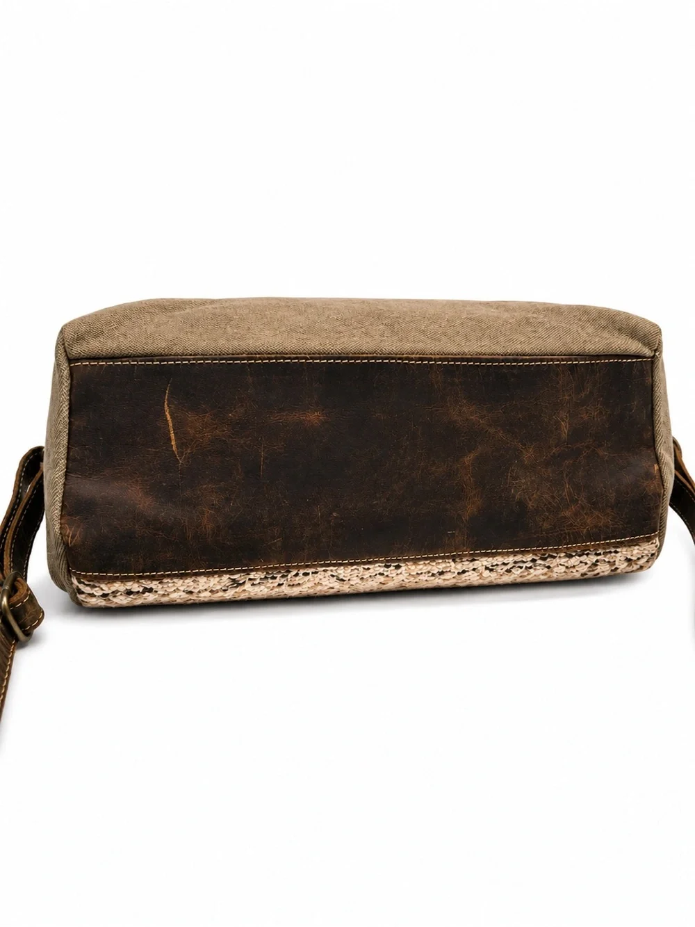 Myra Cherish Tote Brown Leather Canvas Woven Crossbody Shoulder Bag